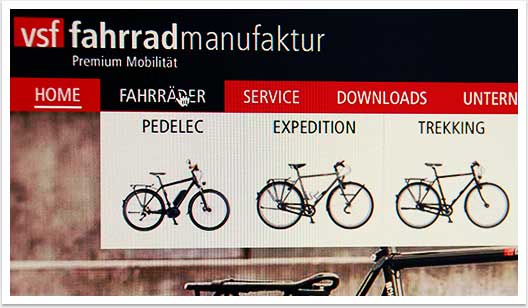 B2C Internetauftritt für Vsf Fahrradmanufaktur by bgp e.media - Closeup mouseover Top Navigation Fahrräder