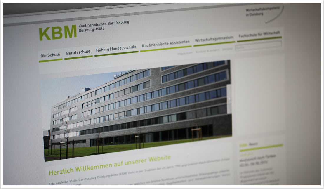 Webdesign für KBM das Duisburger Berufskolleg by bgp e.media - Willkommens Screen Home