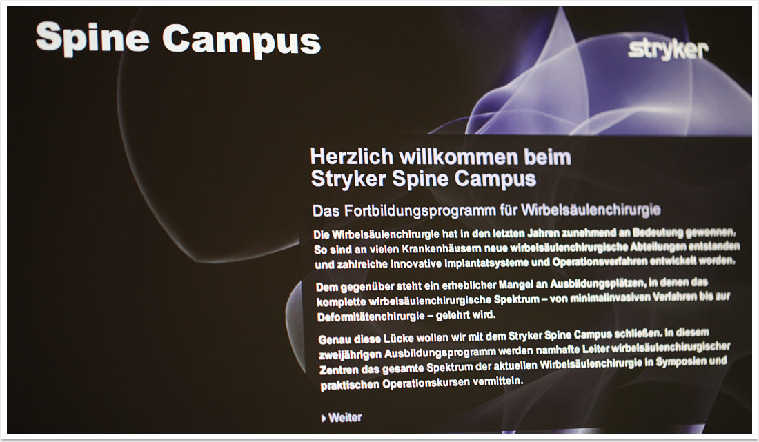 Online Buchungs- und Infortmationsplattform und Webdesign für Stryker Spine Campus by bgp e.media - Startseite 
