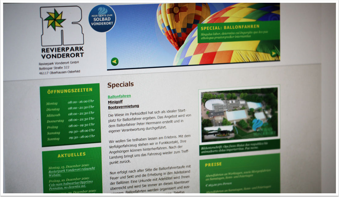 Internetauftrirtt und Webdesign für lokalen Revierpark Vonderort by bgp e.media - Contentinhalt Specials 