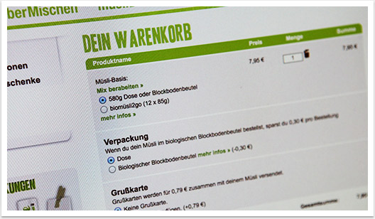 B2C mit e-Commerce Showsystem Onlineshop für Müsli.de by bgp e.media - Warenkorboptionen