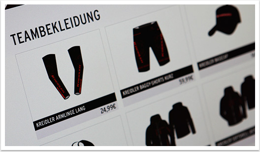 eCommerce Lösung für Teambekleidung online Shopsystem für Kreidler by bgp e.media - Teambekleidung Übersicht Produkte