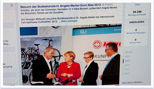 Markenkommunikation auf Facebook für Kreidler by bgp e.media - Angelika Merkel Artikel für Kreidler mit Kreidler 