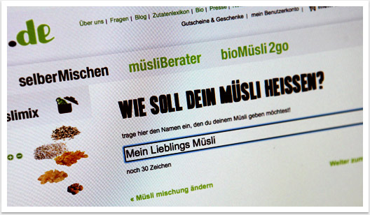 B2C mit e-Commerce Showsystem Onlineshop für Müsli.de by bgp e.media - Mein Bio Müsli Benennung 
