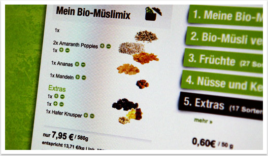 B2C mit e-Commerce Showsystem Onlineshop für Müsli.de by bgp e.media - Mein Bio Müslimix