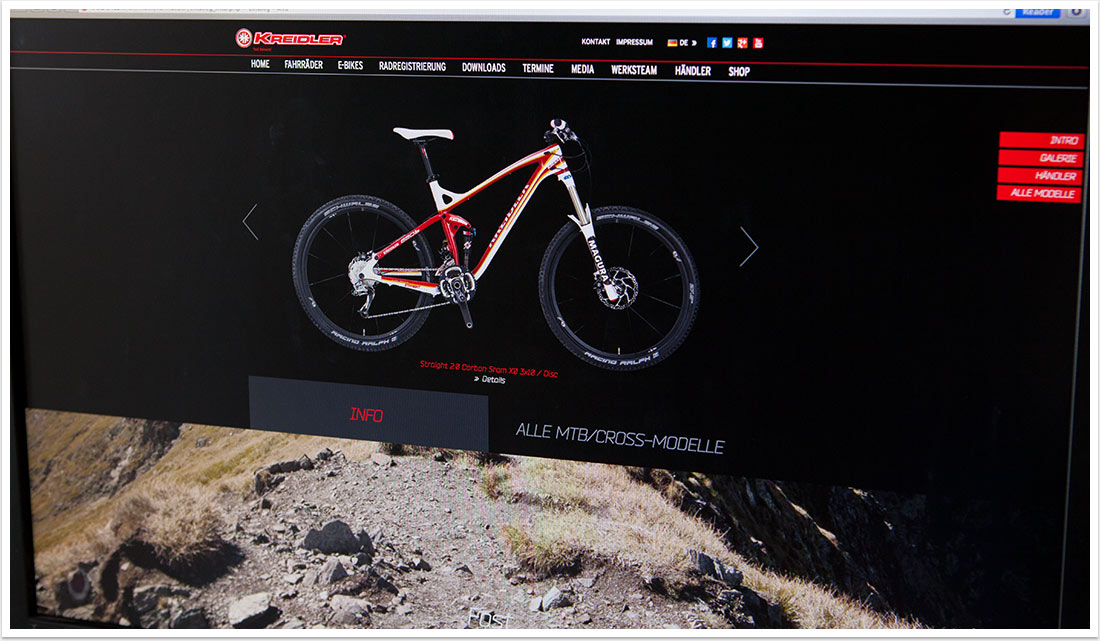 Neues Webdesign für das B2C-Portal für Kreidler Einstiegsseiten by bgp e.media - Fahrradkategorie Übersichtsseite Info und Alle MTB/ Cross Modelle Anzeigen lassen 