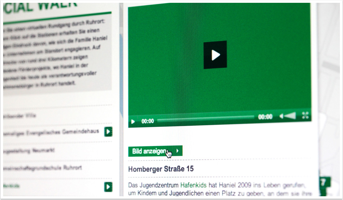 Digital Interaction Microsite Online Video Wanderung durch Ruhrort für Handel Socialwalk by bgp e.media - Zielseite mit Video und Bildergalerie