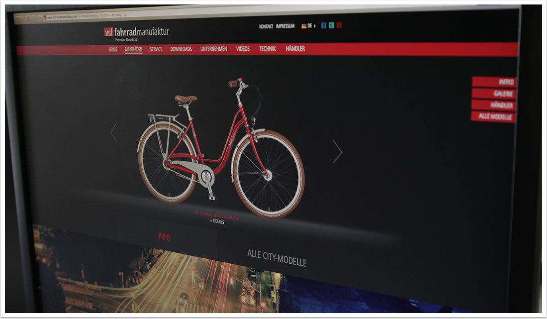 Landingpage Screendesign für VSF Fahrradmanufaktur by bgp e.media - Ansicht Top Navigation mit Slider